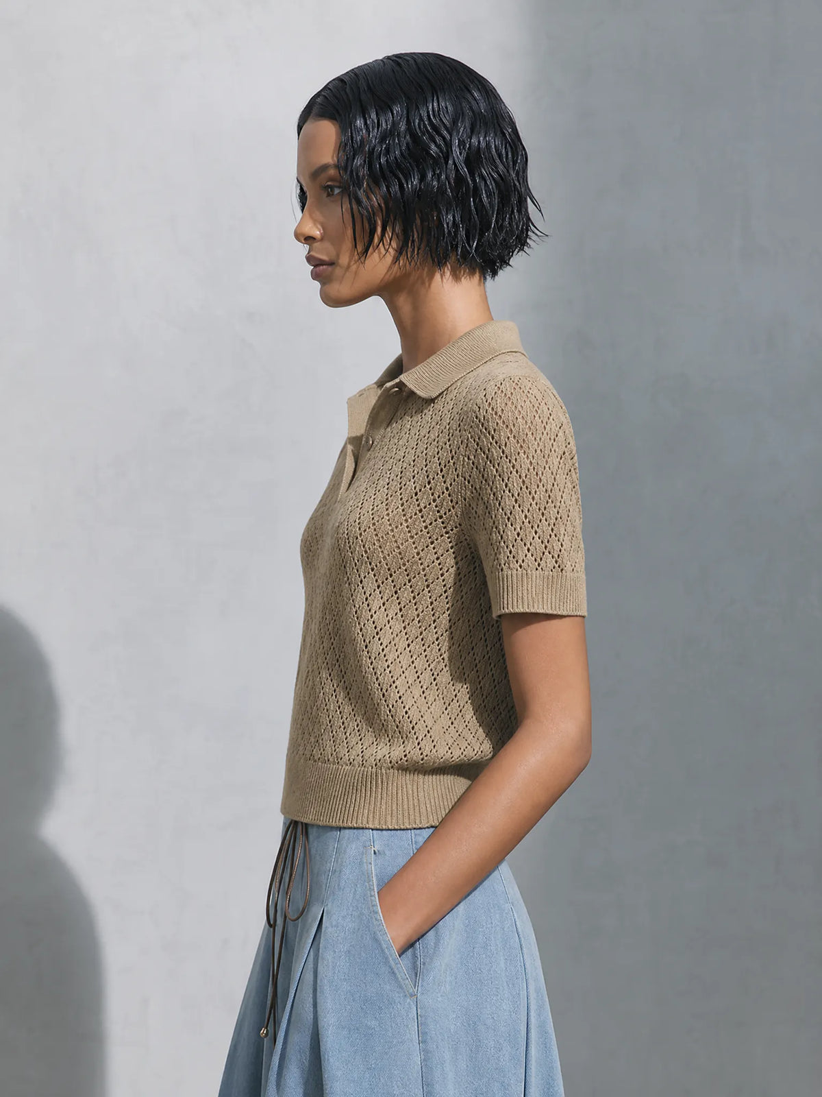 Women's Casual Chic Khaki Open-Knit Polo Short Sleeve Sweater Top MDZ1620G0ZSQ