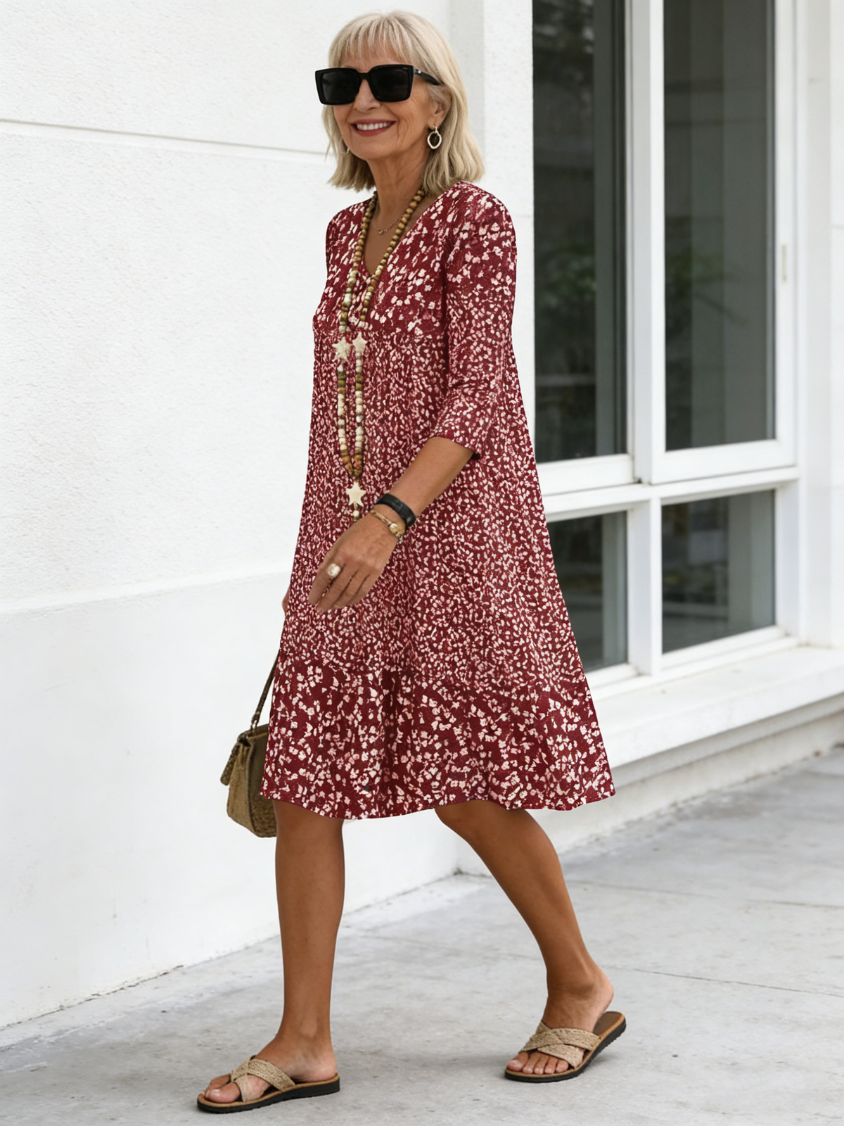 Bohemian Floral Print Half Sleeve V-neck Mid-Length Dress