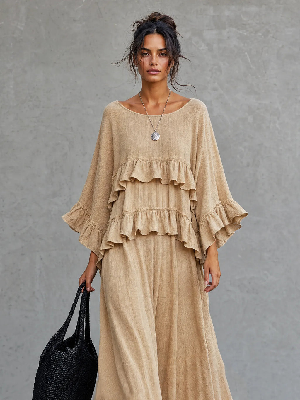 Women's Casual Khaki Long-sleeve Maxi Dress With A Textured Woven Finish And Round Neck MDZ2343G8LXY