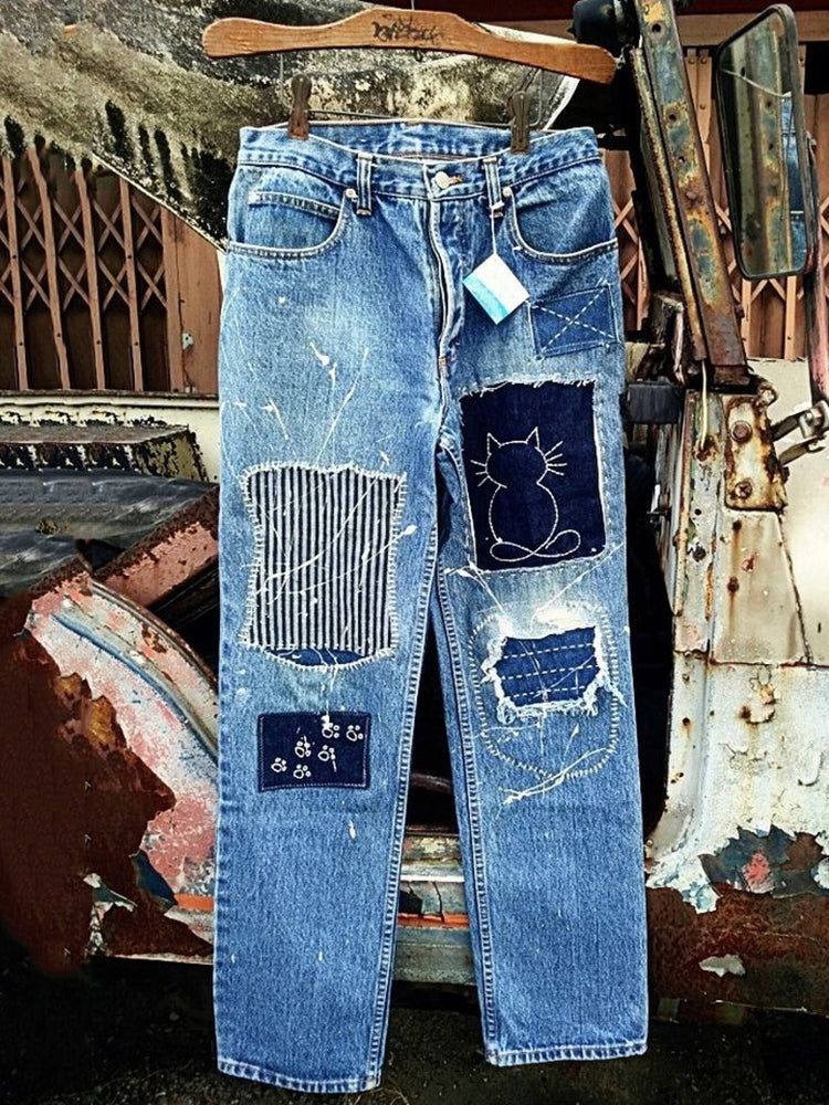 Japanese Style Sashiko Spliced cat Pattern Design Jeans