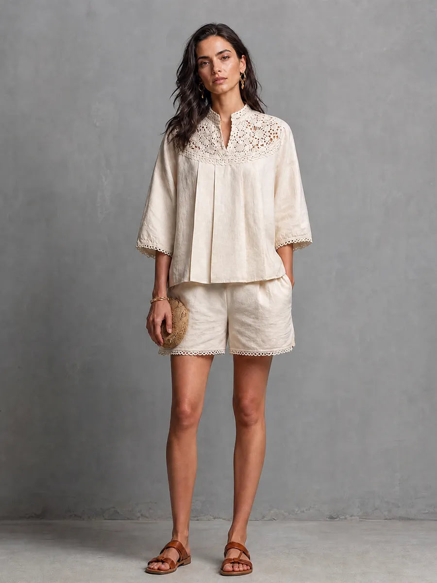 Women's Elegant Casual Off White Cotton Linen Lace Trimmed Stand Collar Three Quarter Sleeve Top And Shorts Set MDZ0299G3GMJ