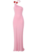 One Shoulder Floral Detail Maxi Dress Pink