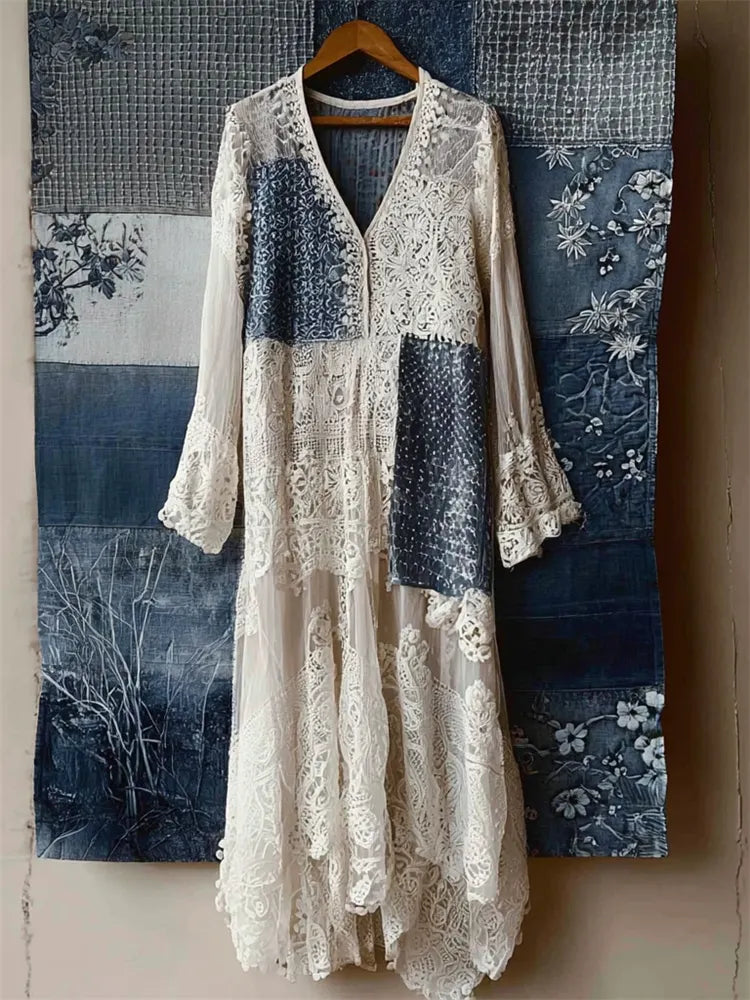 Japanese Sashiko Patchwork Floral Lace Flowy Maxi Dress