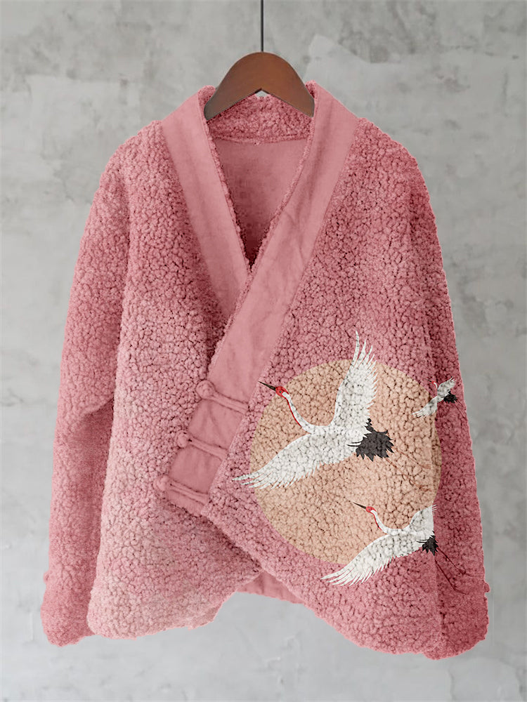 Flying Cranes Japanese Art Fleece Kimono Cardigan