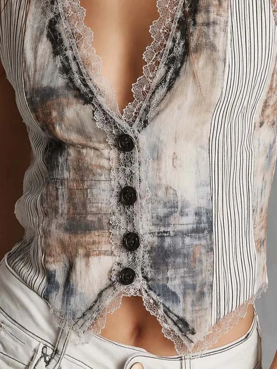Wash Effect Printed Cotton-Linen Blend Lace-Trimmed Vest