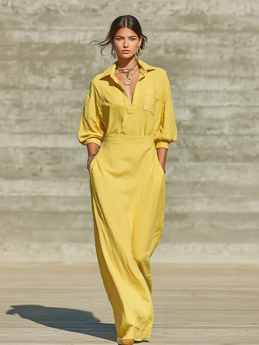 Women's Bright Yellow Linen Blend Shirt Maxi Dress With Lapel Half Button Placket & Puff Three Quarter Sleeves, Casual Resort Loose Floor Length Shirt Dress MDZ2041G4LYL