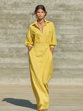 Women's Bright Yellow Linen Blend Shirt Maxi Dress With Lapel Half Button Placket & Puff Three Quarter Sleeves, Casual Resort Loose Floor Length Shirt Dress MDZ2041G4LYL