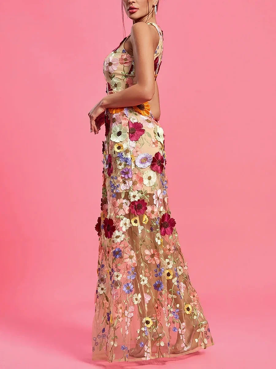 Sleeveless Round Neck Floral Embroidery Maxi Dress
