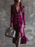 Vintage Button-Up Velvet Long Blazer Dress