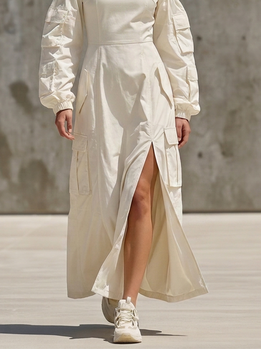 Women's Off White Cotton Blend Cargo Maxi Dress With Cold Shoulder Cutout & Multi Flap Pockets, Streetwear Front Split Long Sleeve Maxi Dress MDZ2259G1LYL