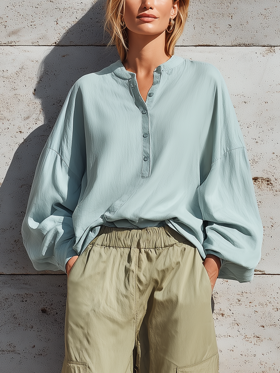 Women's Light Blue Mandarin Collar Half Button Balloon Sleeve Loose Top Sage Green Elastic Waist Multi Pocket Jogger Cargo Pant Two Piece Set MDZ2015G1YZJ