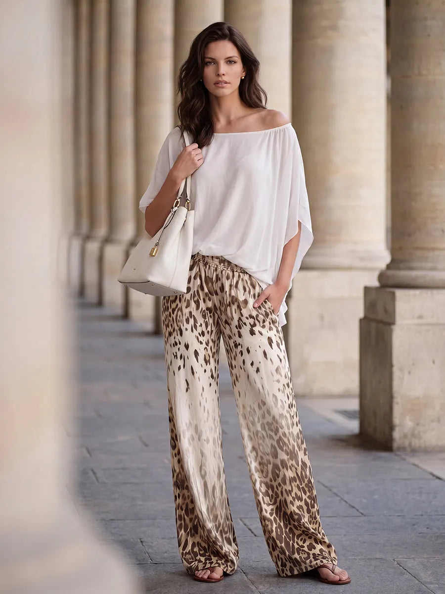 Loose Wide Leg Elasticity Gradient Leopard Pockets Trousers Wide Leg Pants