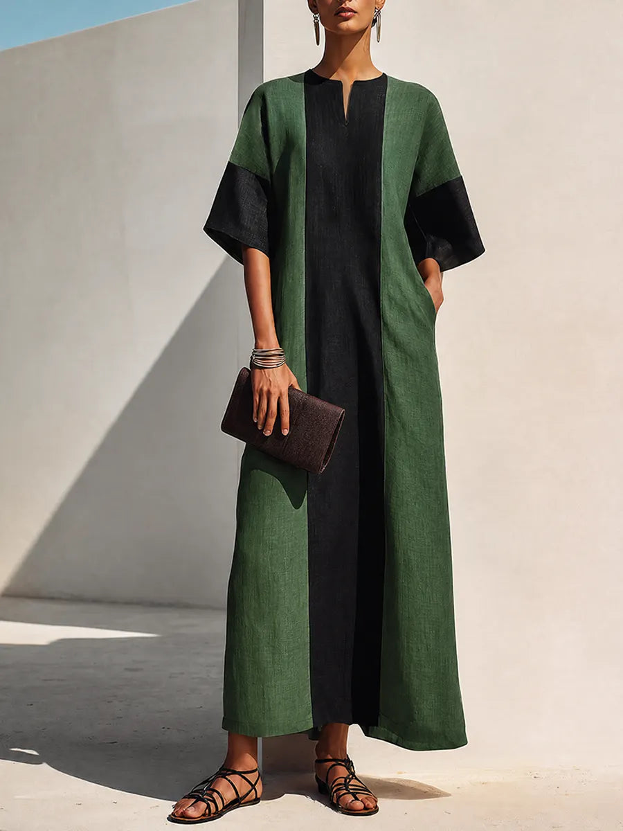 Women's Green & Black Color Block Cotton Linen V-Neck Maxi Dress MDZ1751G8ZRK
