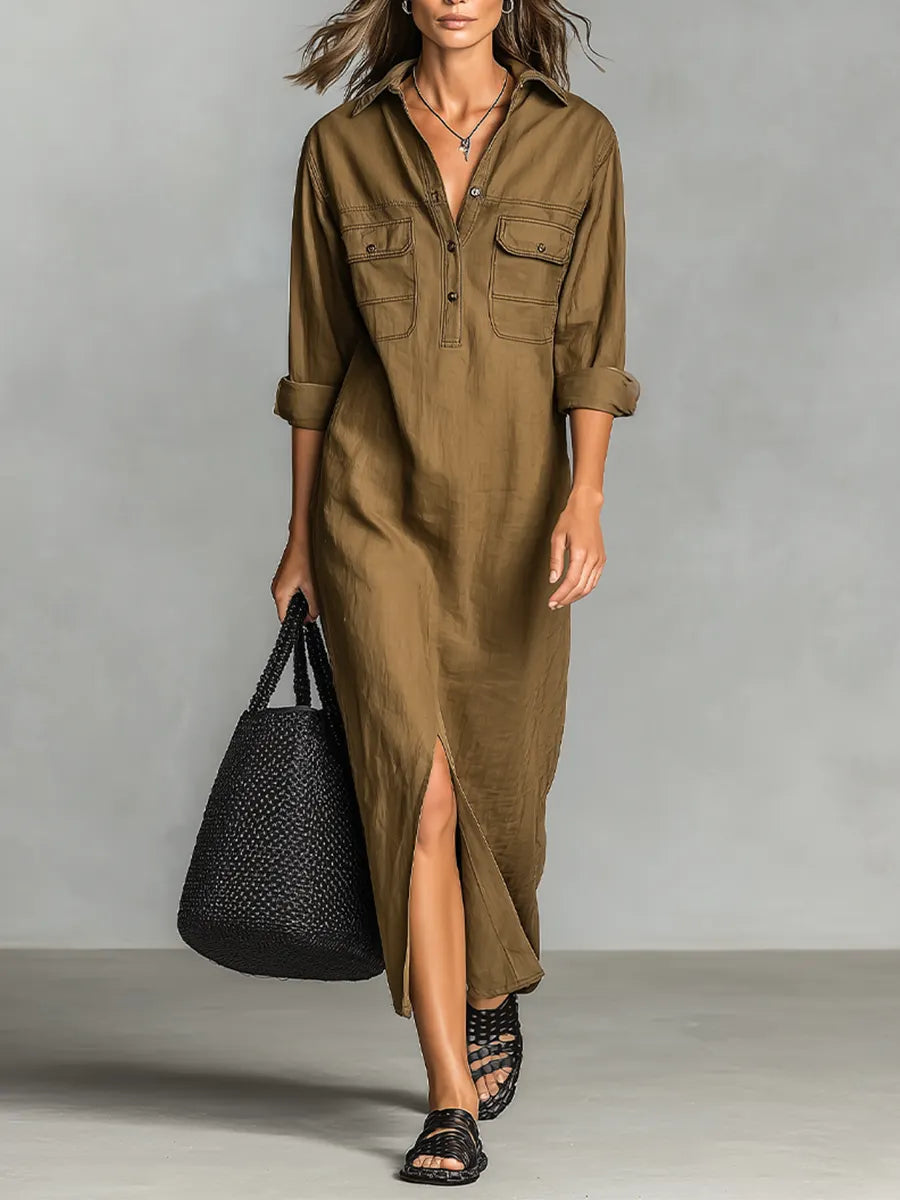 Women's Brown Cotton Blend Shirt Maxi Dress With Dual Chest Patch Pockets & Front Thigh Slit, Casual Utility Resort Loose Shirt Maxi Dress MDZ0943G1LYL