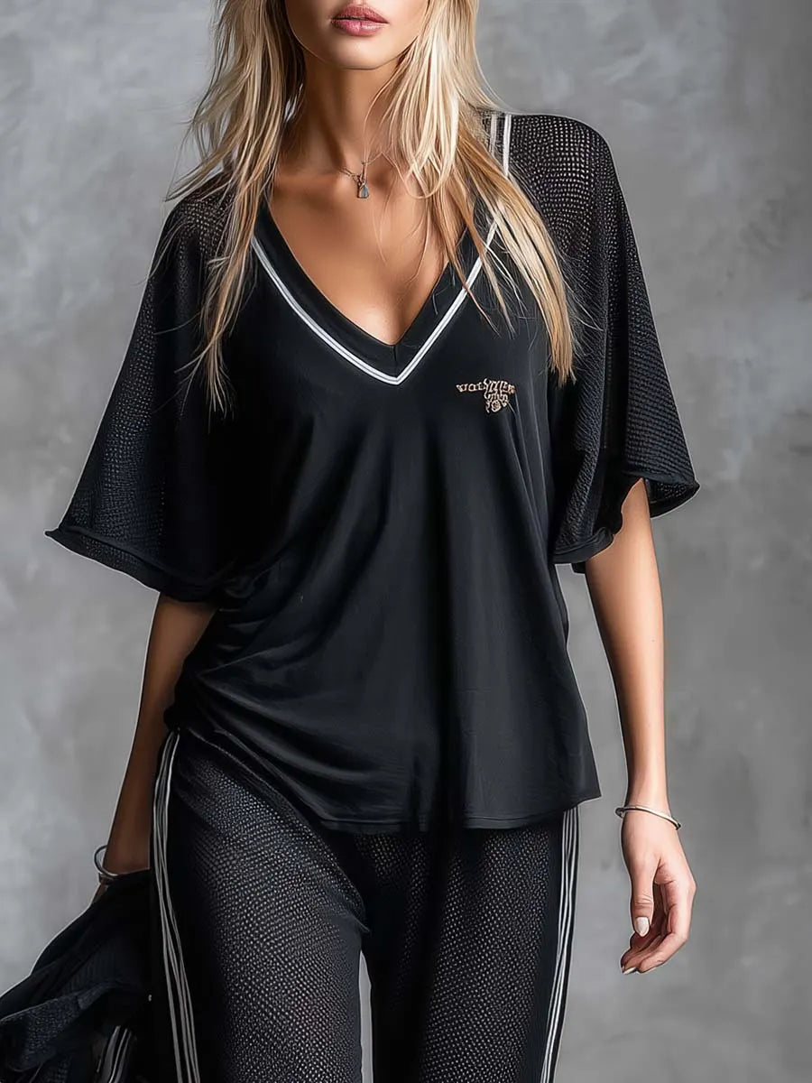 Retro Sporty Black V-Neck Mesh Short-Sleeve Top And Pants Set