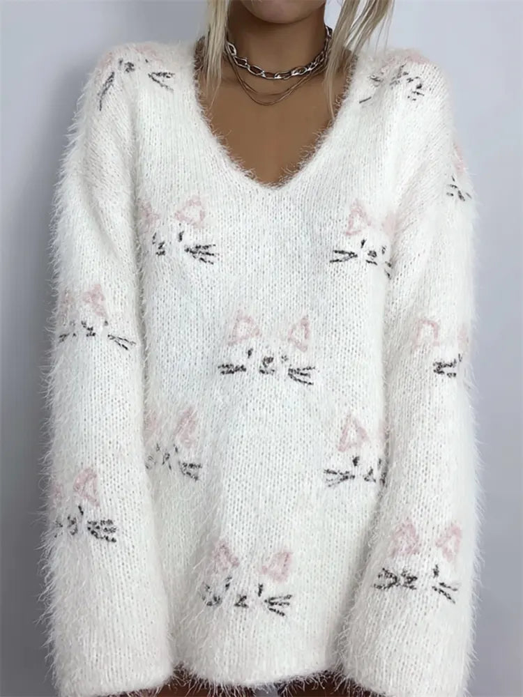 Lovely Cat Faces Embroidered Cozy Fuzzy Sweater
