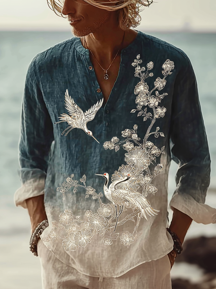 Bohemian Style Men's Casual Cotton And Linen Long-sleeve Shirt