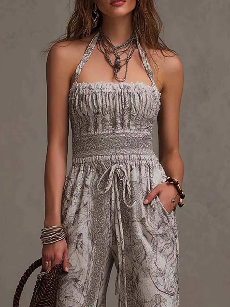 Off-White Sketch Print Cotton-Blend Halter Smocked-Waist Wide-Leg Jumpsuit