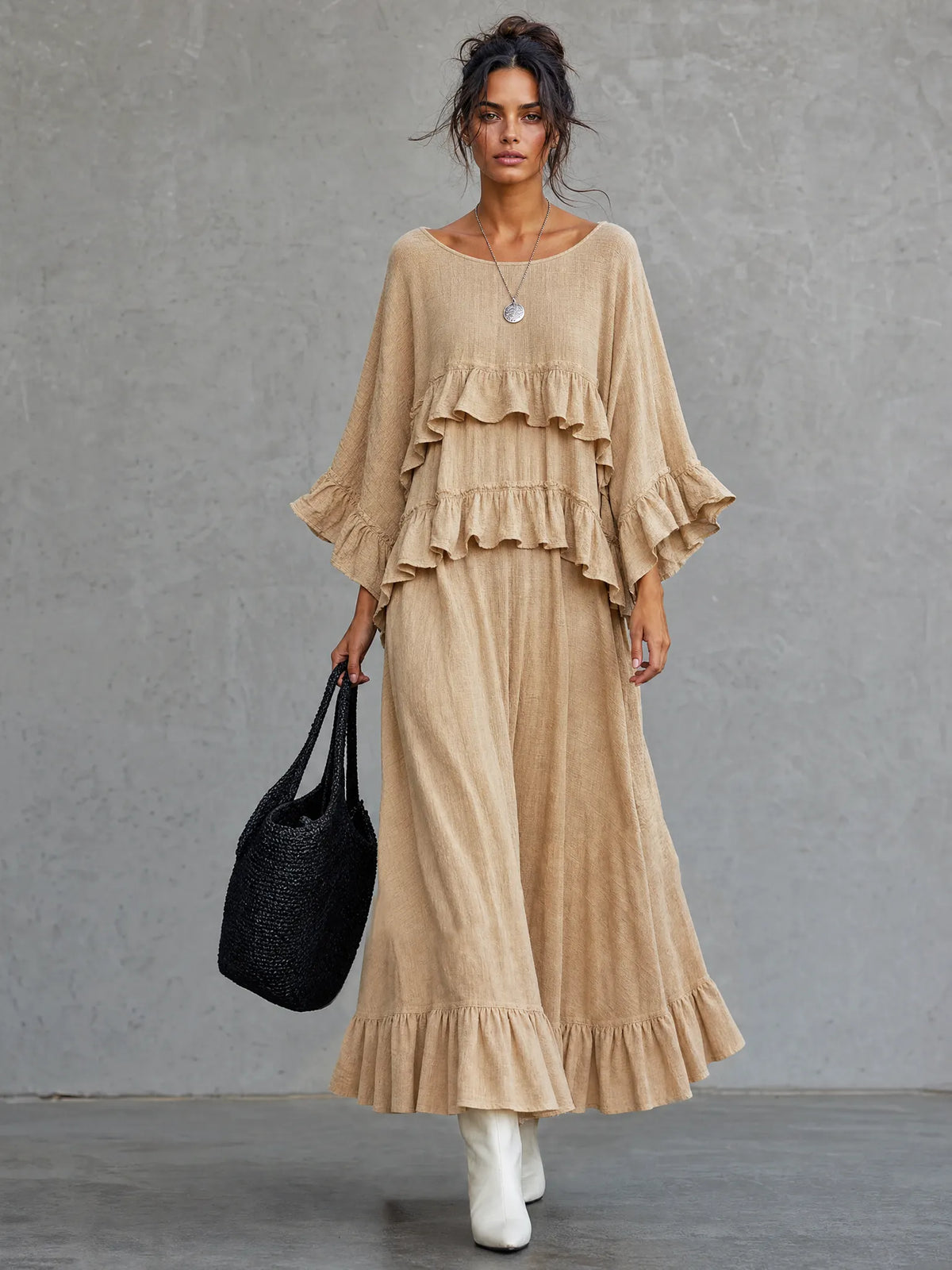 Women's Casual Khaki Long-sleeve Maxi Dress With A Textured Woven Finish And Round Neck MDZ2343G8LXY
