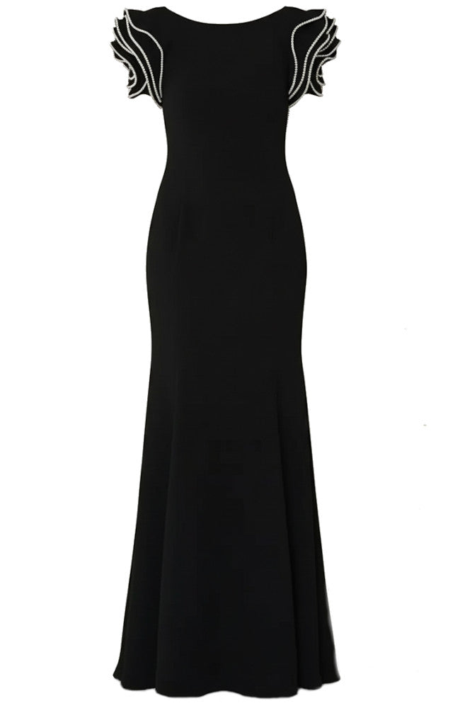 Crystal Ruffle Backless Maxi Dress Black