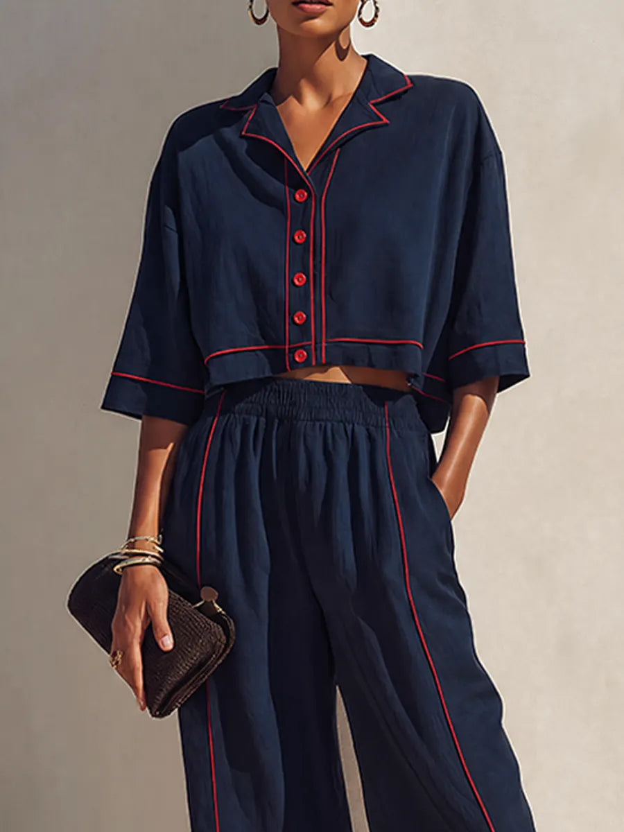 Women's Navy Cotton Linen Contrast Red Piping Cropped Shirt & Wide-Leg Pants Set MDZ2086G0ZRK