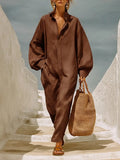 Women's Chocolate Brown Linen Jumpsuit With Collar Half Zip Placket & Oversized Balloon Long Sleeves, Loose Boho Resort Wide Leg Linen Jumpsuit MDZ0150G4LYL