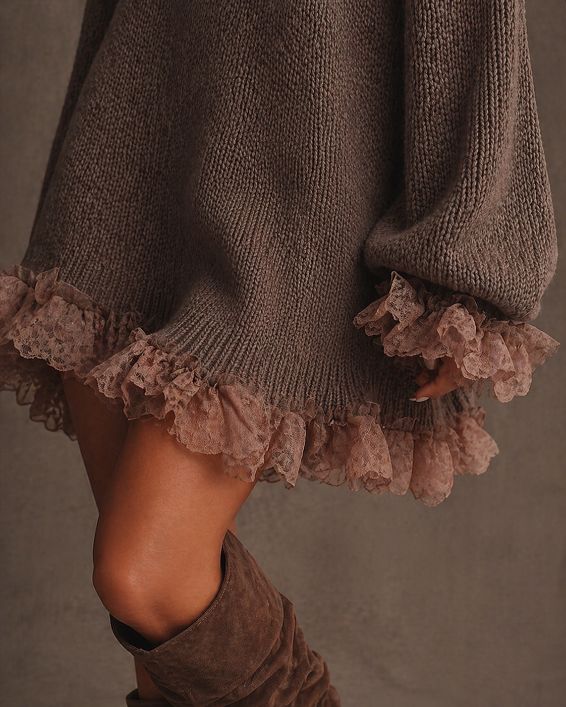 Winter Coquette Ribbed Knit Lace Ruffle Sweater Dress