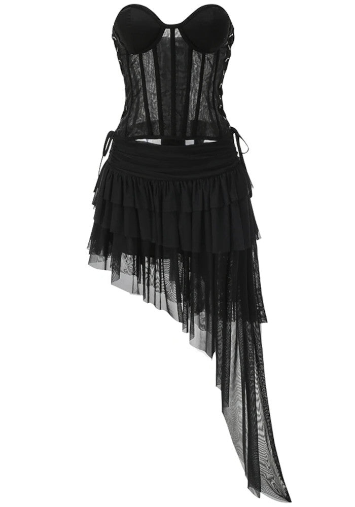 Strapless Corset Ruffle Two Piece Dress Black