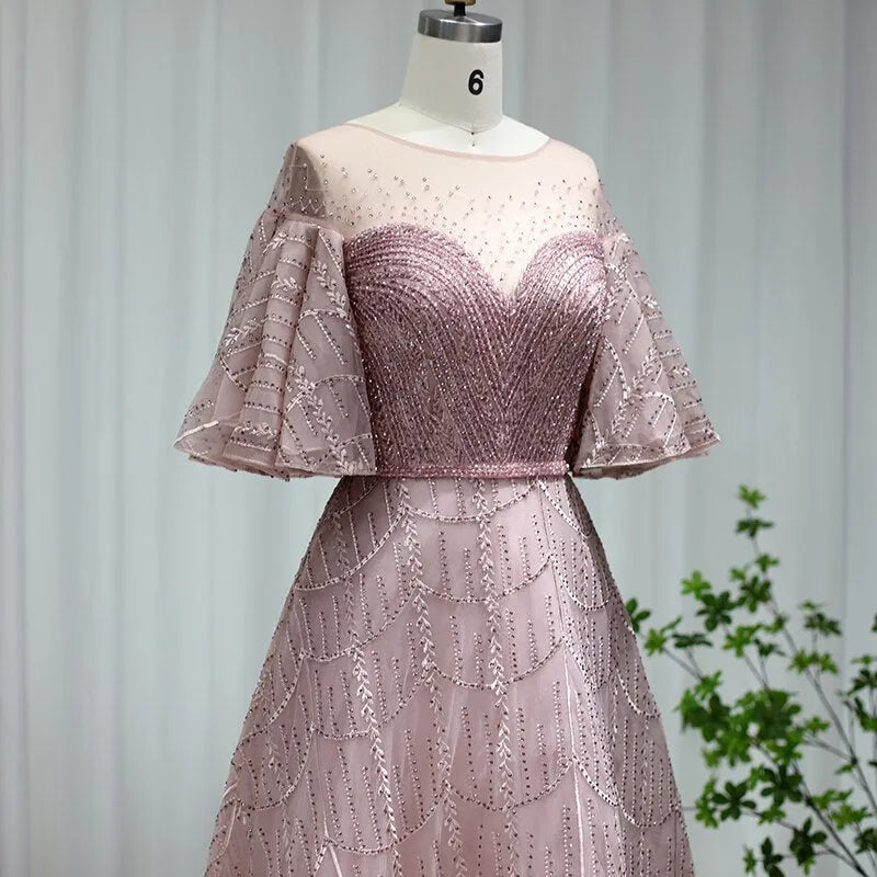 DreamyVow Luxury Dubai Pink Evening Dresses Flare Sleeve Burgundy Arabic Plus Size Formal Dress for Women Wedding Party 057