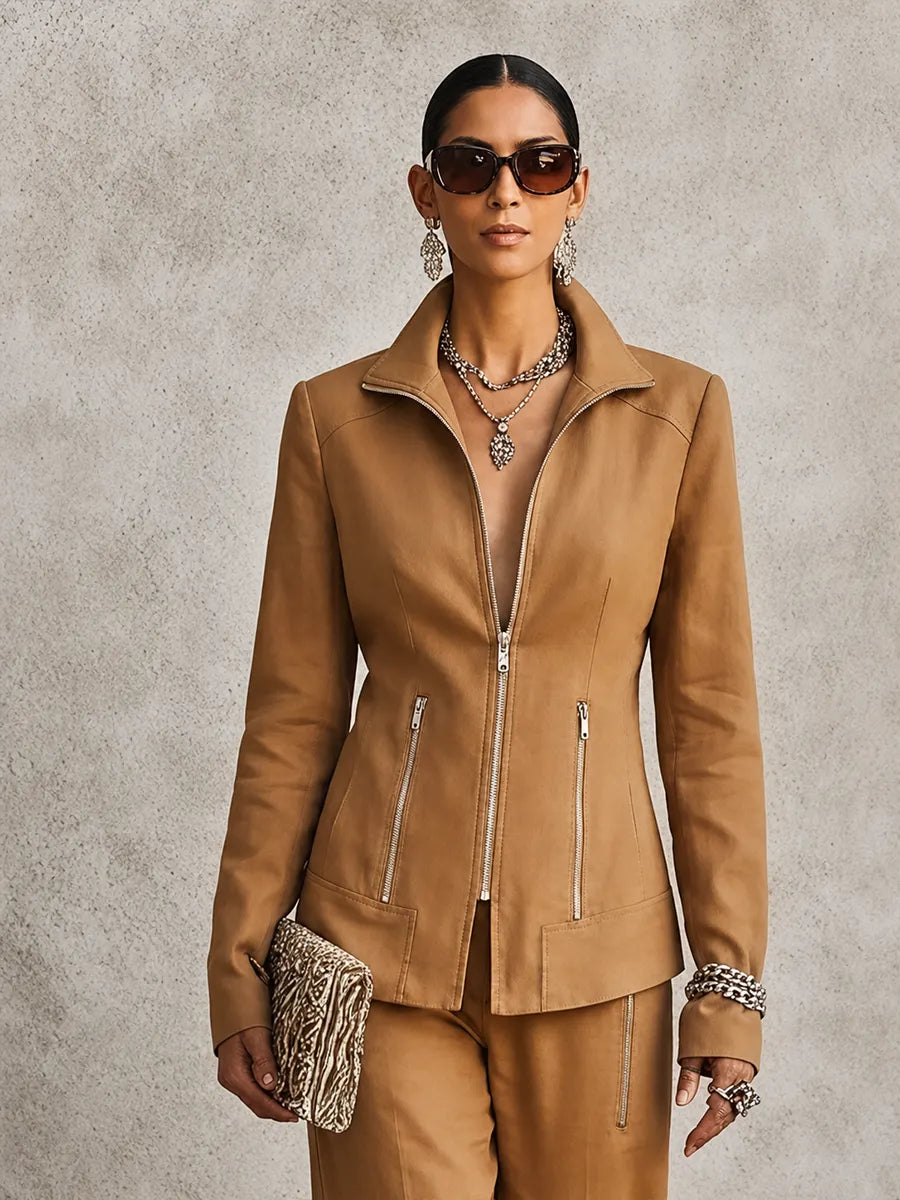 Women's Casual Brown Cotton-Blend Jacket With Stand Collar And Zip Pockets MDZ1787G7GMJ