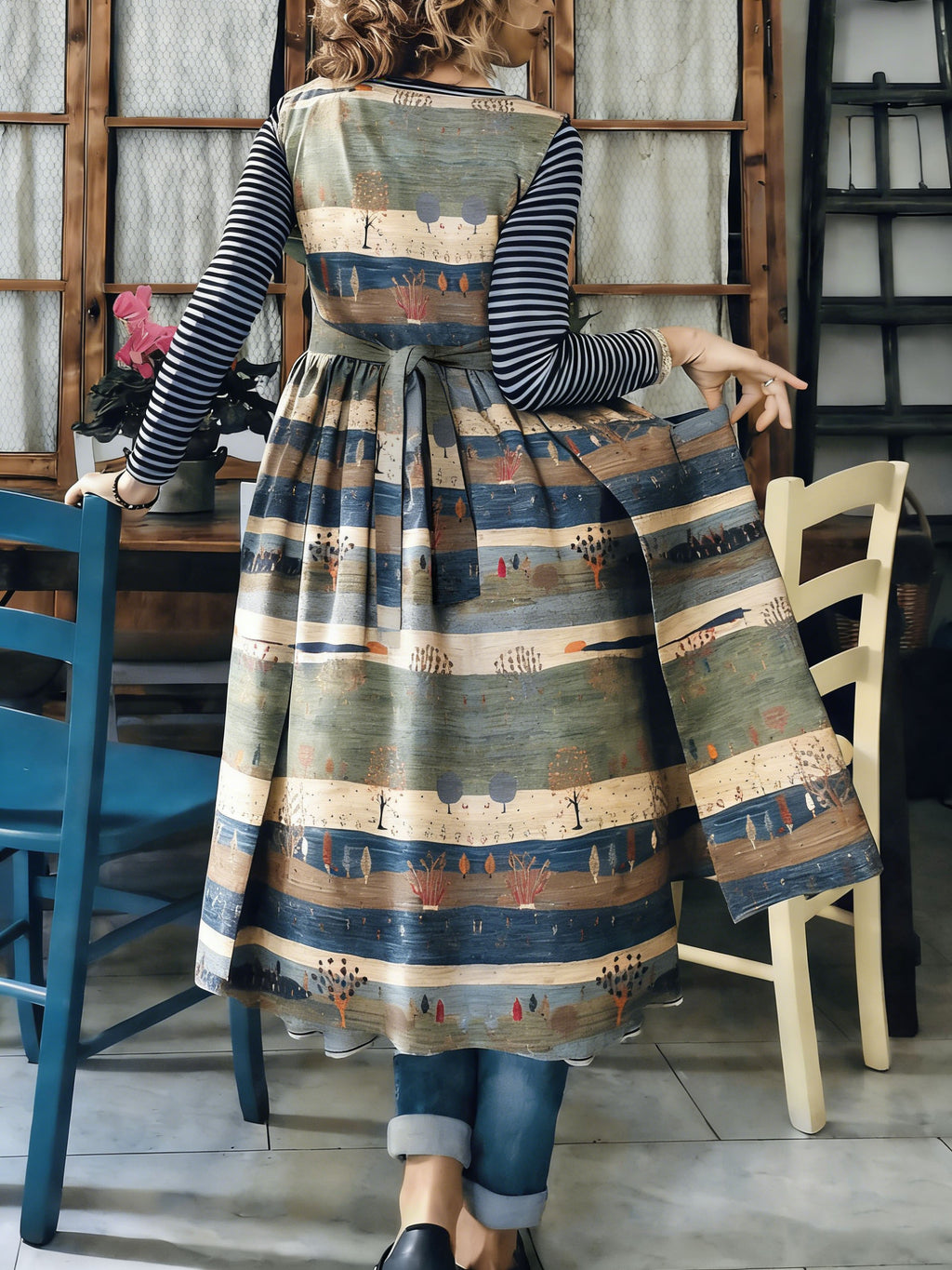 Watercolor Landscape Striped Apron