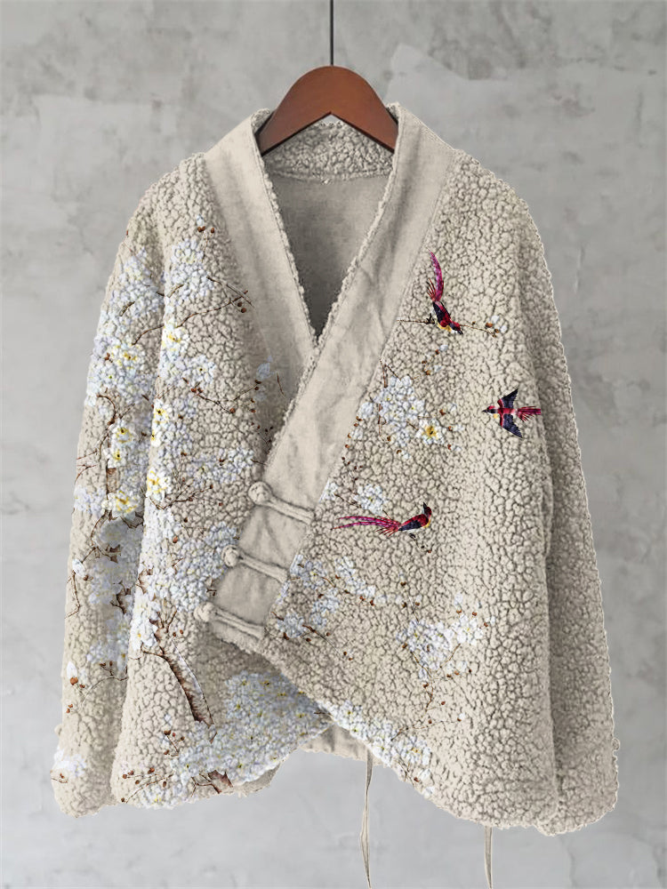 Japanese Style Flower And Bird Art Plush Cardigan