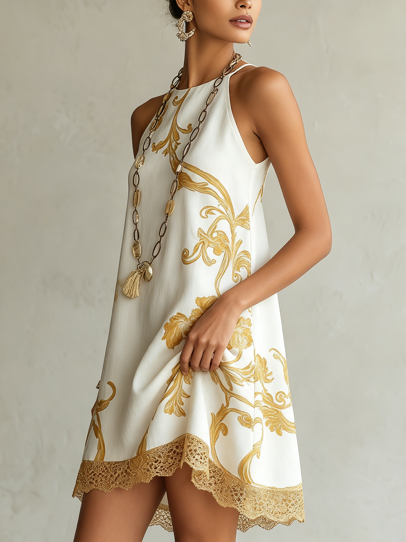 White Floral Print Lace Trim Mini Dress