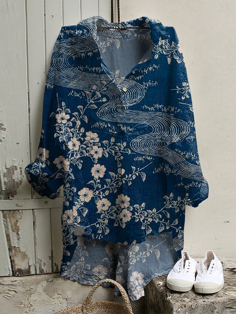 Women Floral Art Button Down Casual Woven Tunic