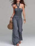 Slate Blue Tencel-Linen Blend Halter Smocked-Waist Wide-Leg Jumpsuit