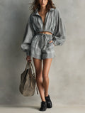 Women's Casual Grey Plaid-print Woven Long-sleeve Jacket Paired With Shorts MDZ0774G3LXY