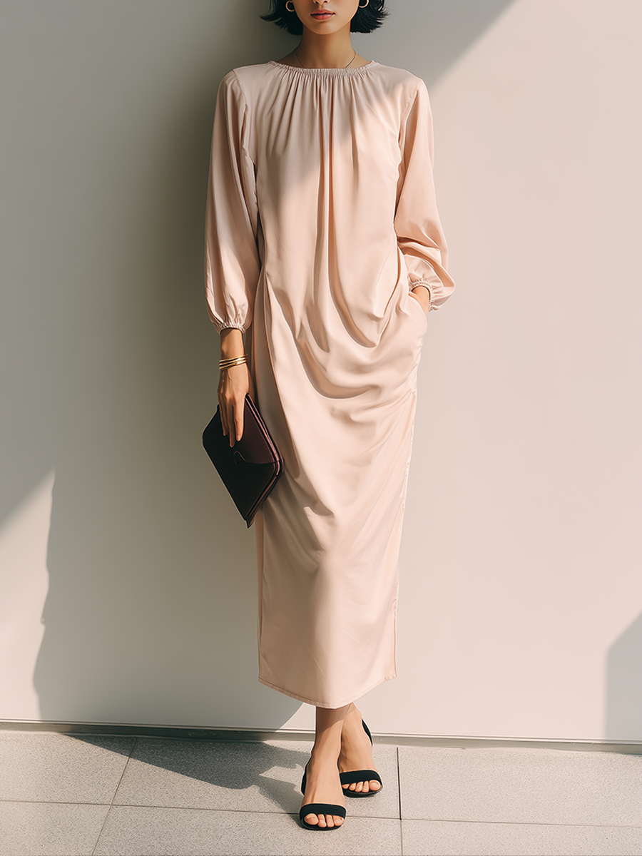 Women's Blush Cotton Blend Gathered Neck Balloon Sleeve Midi Dress MDZ1723G4ZRK