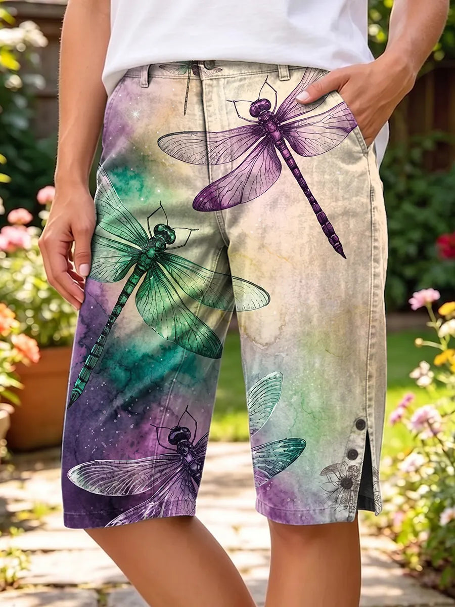 Ethnicity Gradation Dragonfly Women's Art Print Casual Cotton Denim Pants