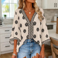 Verona – Boho Damask Print V-Neck Tunic Blouse with Bell Sleeves for Women