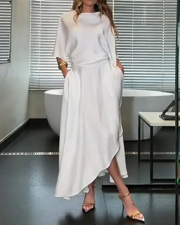 White Satin Cowl Neck Midi Dress With Pockets