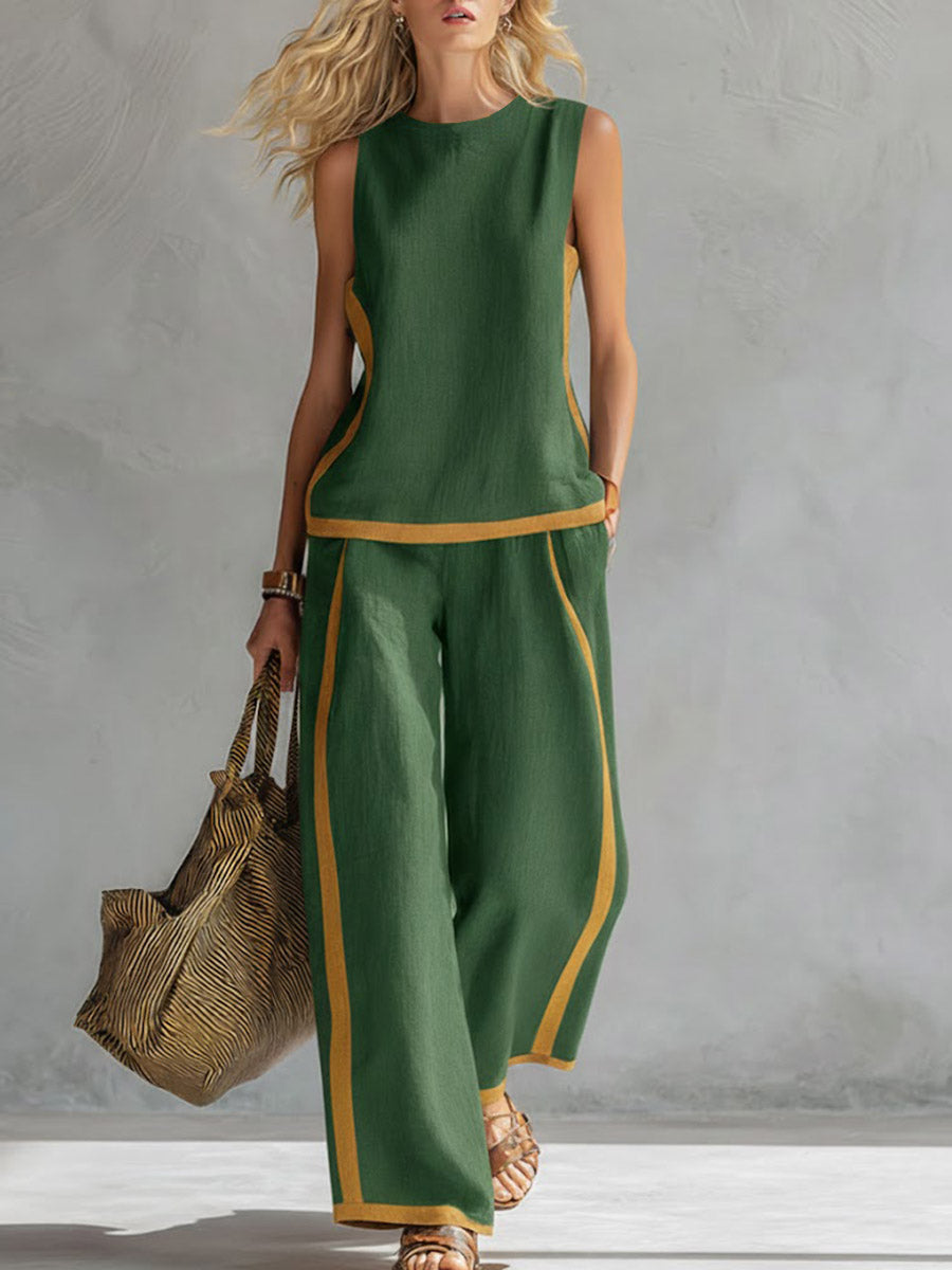 Round Neck Sleeveless Casual Loose Top And High-waisted Wide-leg Pants Set
