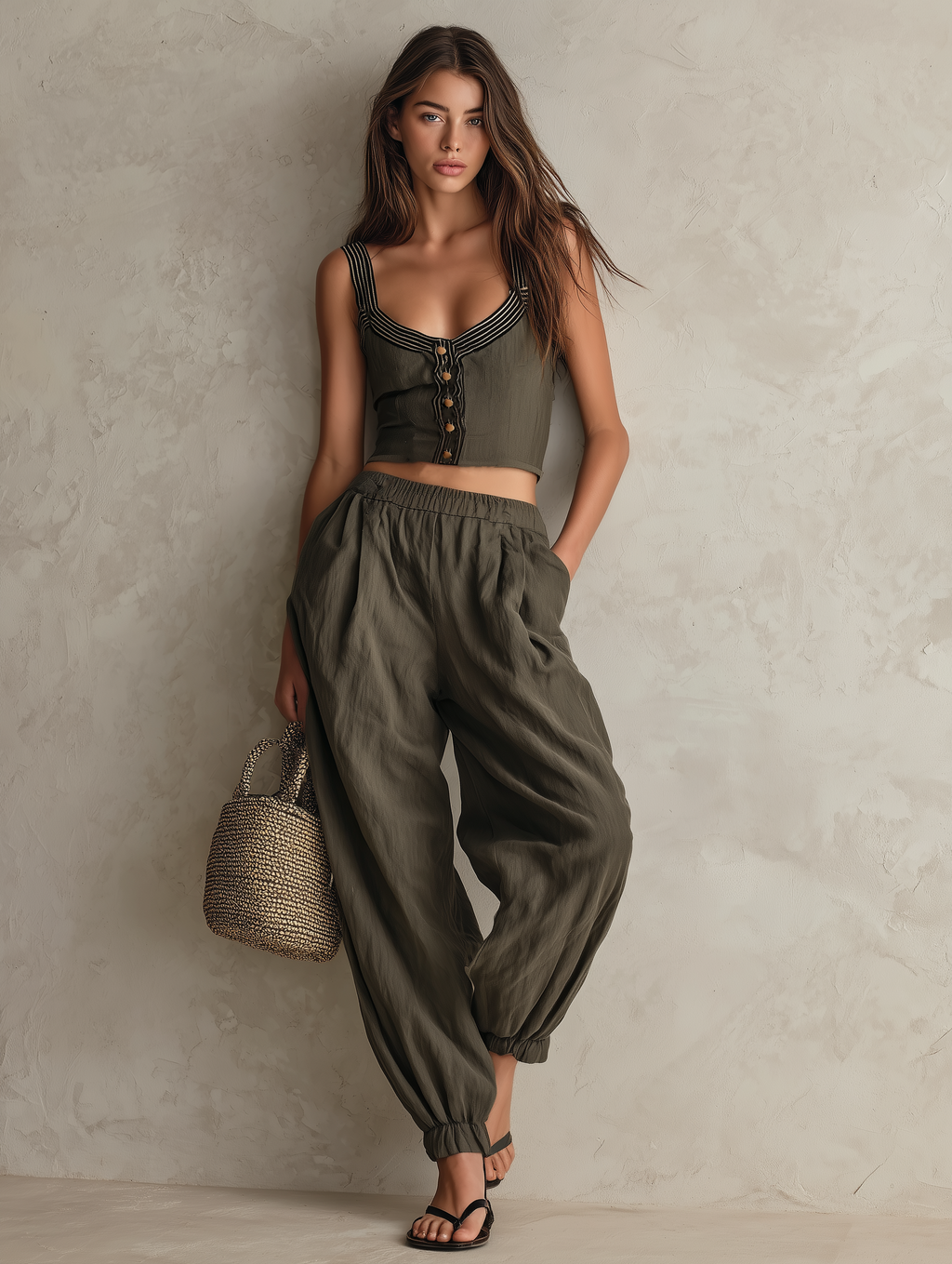 Women's Casual Grey-green Woven Sleeveless Top Paired With Trousers. MDZ2537F2LXY