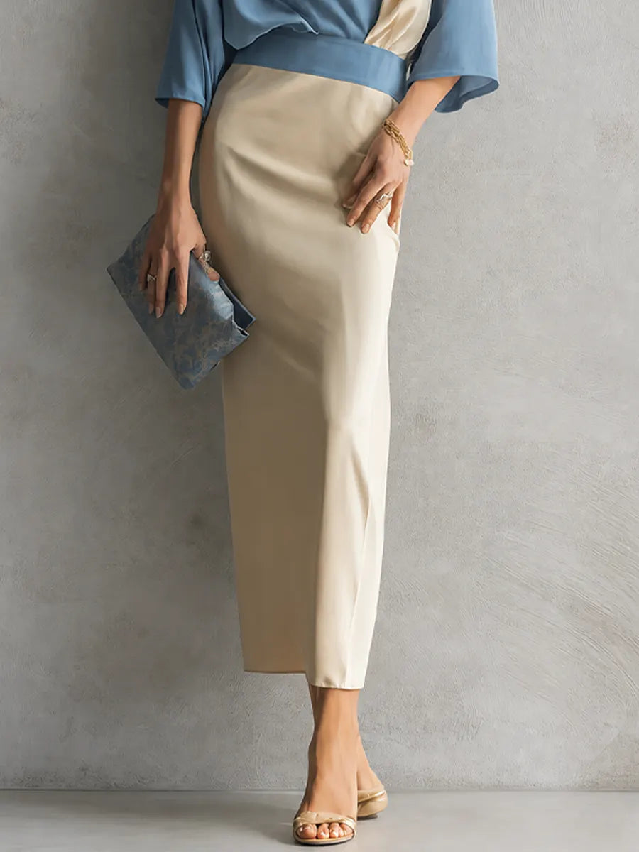 Women's Minimalist Premium Off White And Light Blue Cotton Blend V Neck Contrast Color Fitted Long Skirt Outfit MDZ0221G7GMJ