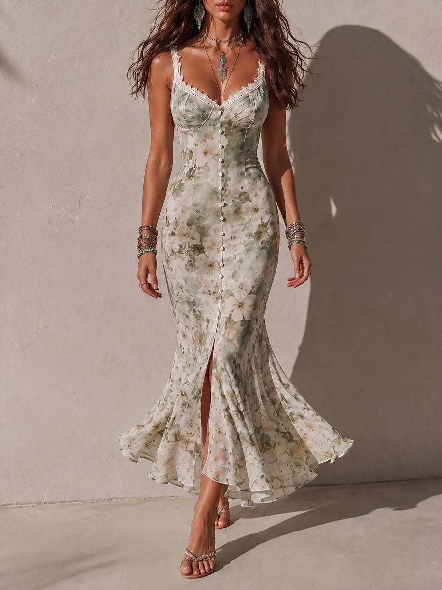 Boho Romantic Floral Soft Chiffon Lace-Trim Button-Front Maxi Dress