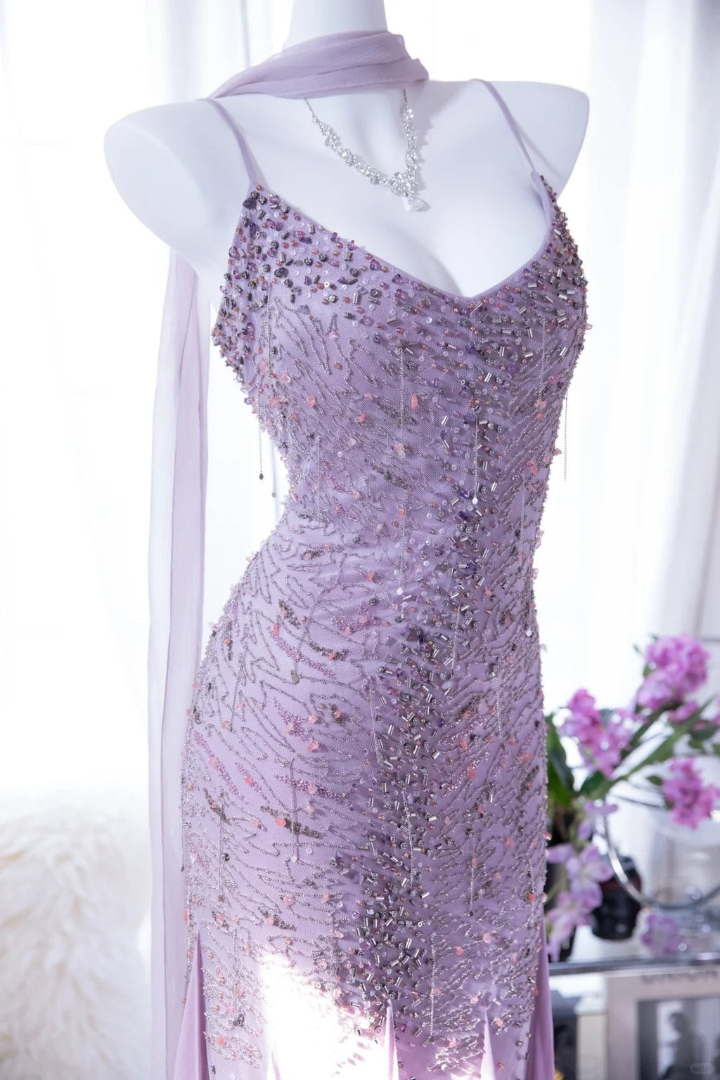 Lit Purple Elegant Romantic Exquisite Beaded Long Chiffon Ball Gown Evening Dress Birthday/Wedding Guest/Holiday Party Dress Prom Dress 4022