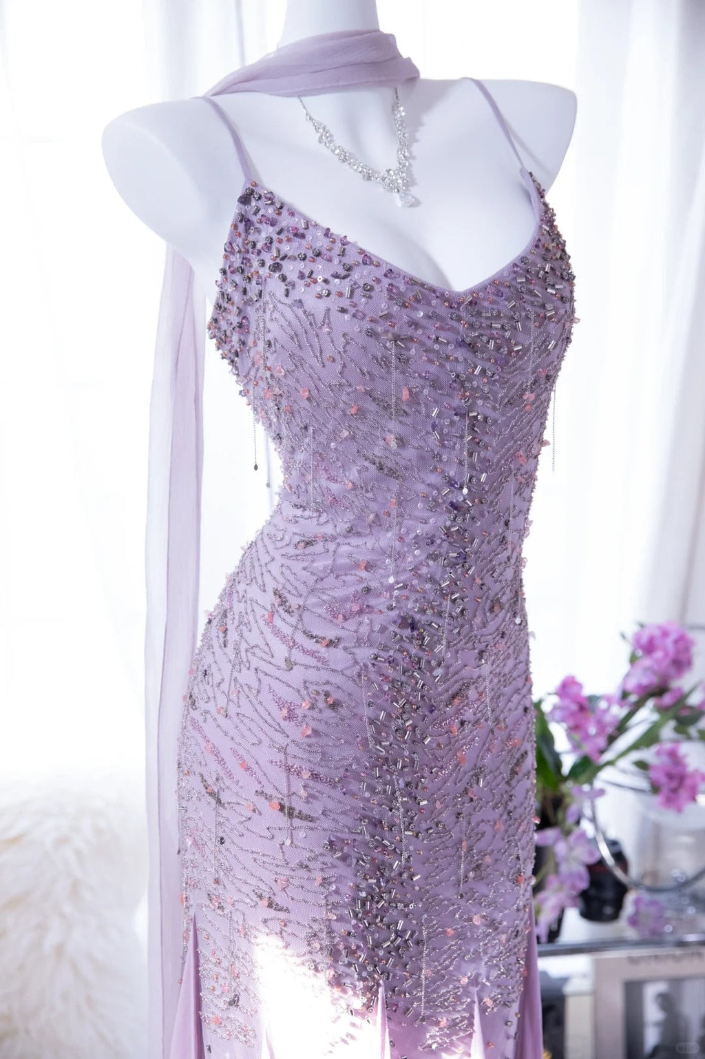 Lit Purple Elegant Romantic Exquisite Beaded Long Chiffon Ball Gown Evening Dress Birthday/Wedding Guest/Holiday Party Dress Prom Dress