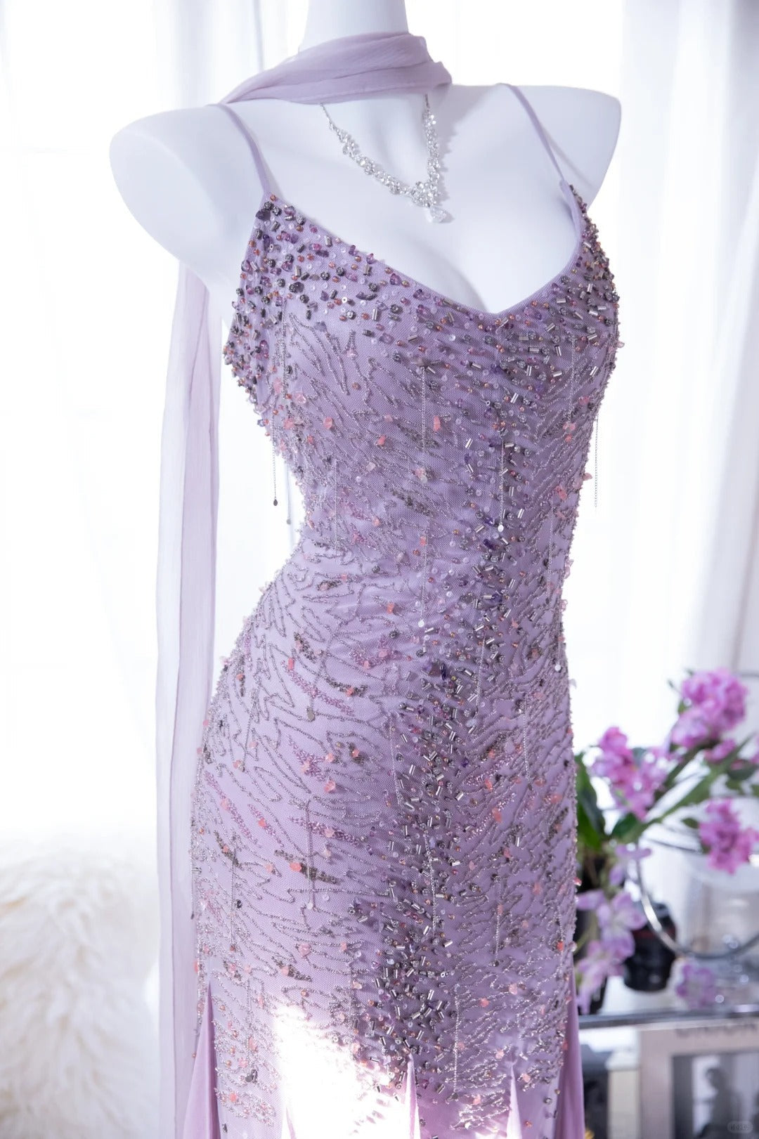 Lit Purple Elegant Romantic Exquisite Beaded Long Chiffon Ball Gown Evening Dress Birthday/Wedding Guest/Holiday Party Dress Prom Dress