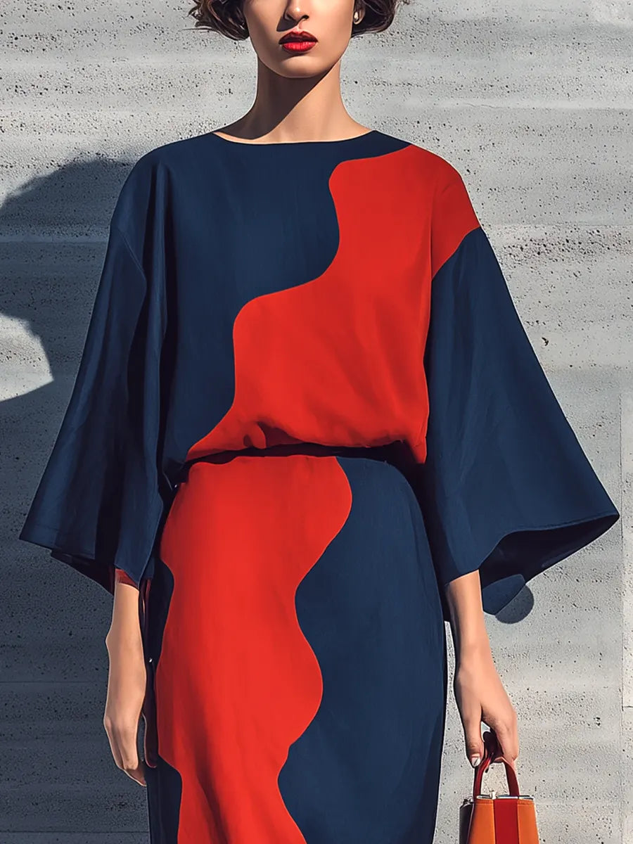 Women’s Navy & Red Wavy Color Block Round Neck Flare Three Quarter Sleeve Loose Dress MDZ0657G9YZJ