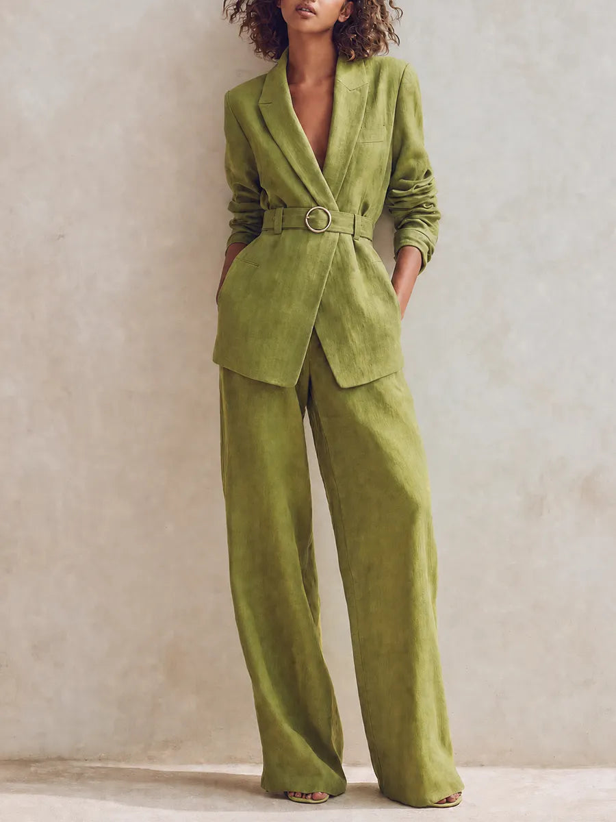 Women's Elegant Workwear Green Peak-Lapel Long-Sleeve Belted Blazer & High-Waisted Wide-Leg Pants Linen Set MDZ1605G6CMX