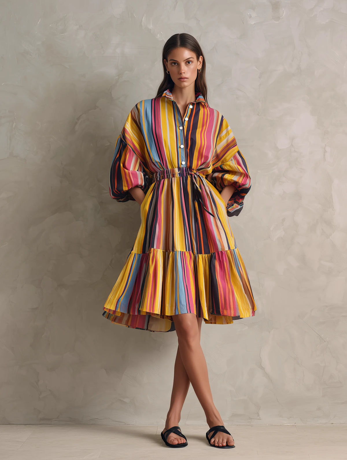 Women's Casual Woven Midi Dress With Colorful Print And 3/4 Sleeves MDZ0973G1LXY